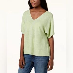 EILEEN FISHER DEEP V-NECK TOP 100% ORGANIC LINEN SHORT SLEEVE ALOE GREEN, size S
